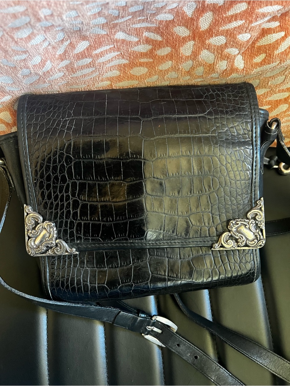 Brighton Black Croc-Embossed Leather Crossbody Bag with Silver Corner Hardware